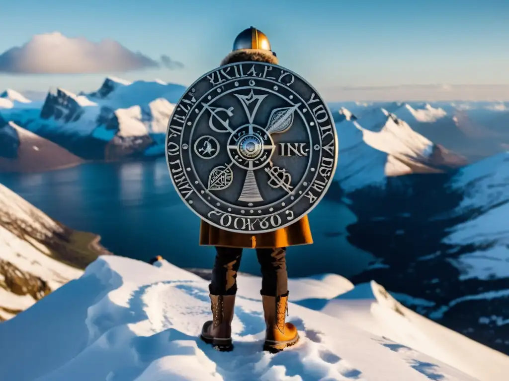 Un explorador moderno en un pico nevado, con astrolabio vikingo, fusionando herencia vikinga y exploración actual