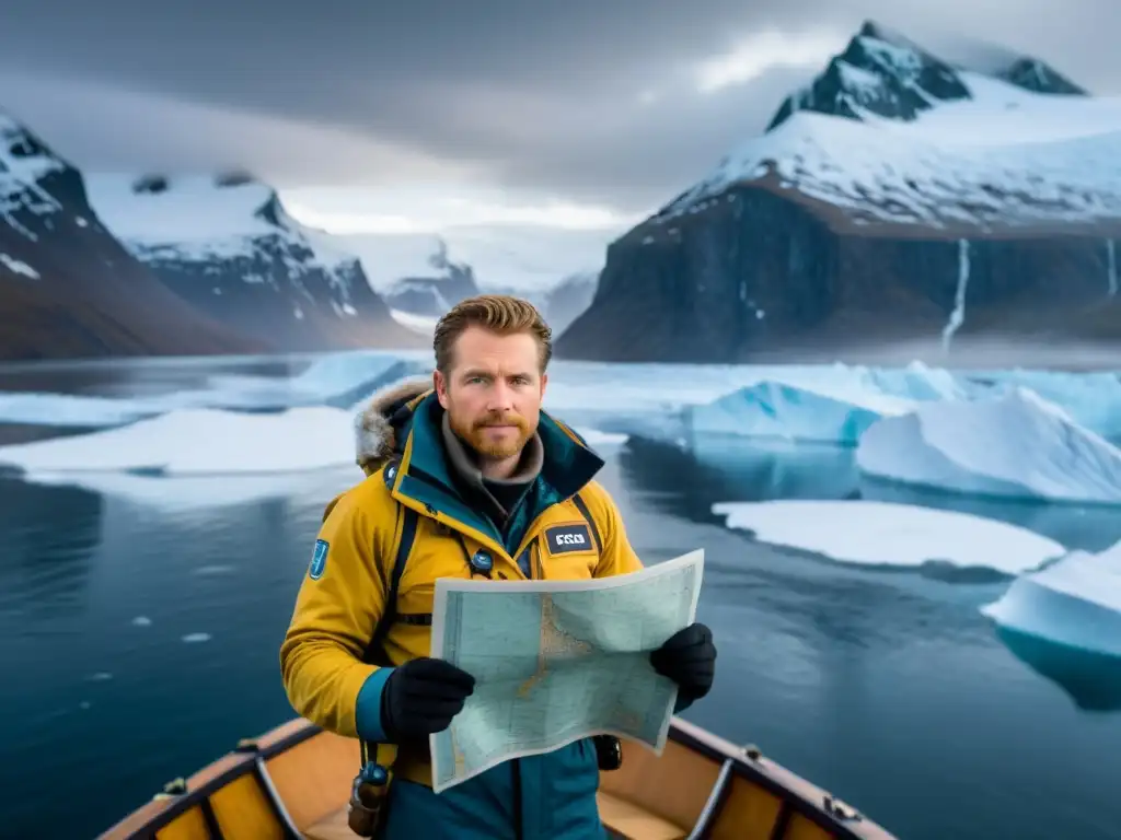 Un explorador moderno en la proa de un barco, con un paisaje helado y una expresión determinada