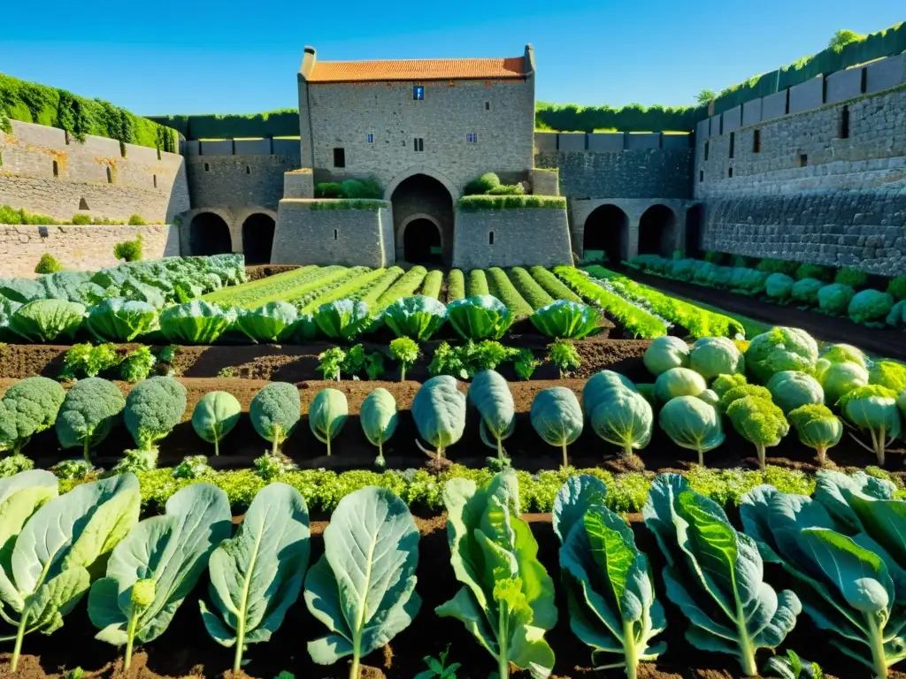 Un exuberante cultivo de verduras en una fortaleza vikinga, donde guerreros cuidan las cosechas bajo el sol