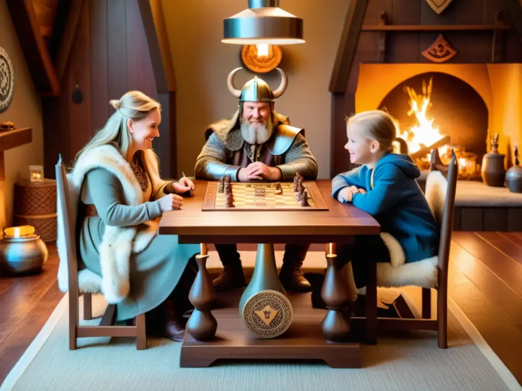 Una familia disfruta de un juego de mesa vikingo en un ambiente acogedor