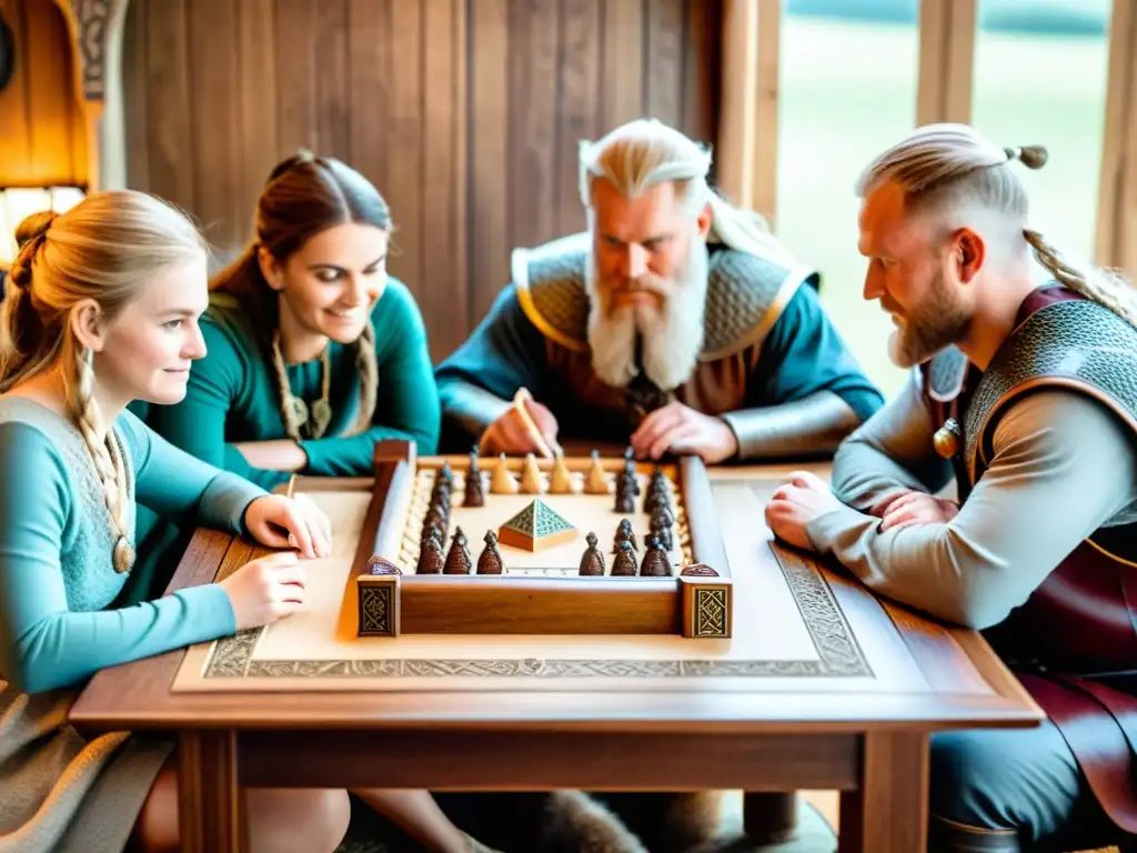 Una familia disfruta de un juego de mesa vikingo en un ambiente acogedor