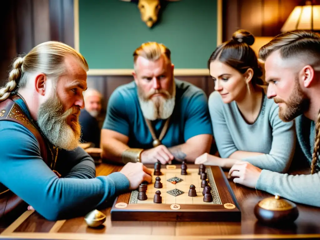 Familia disfruta de juegos de mesa vikingos en acogedor salón con decoración temática