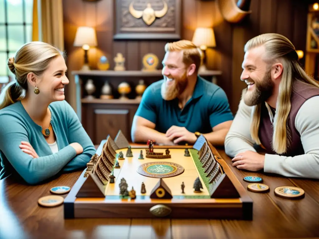 Una familia disfruta de juegos de mesa vikingos en un ambiente cálido y acogedor