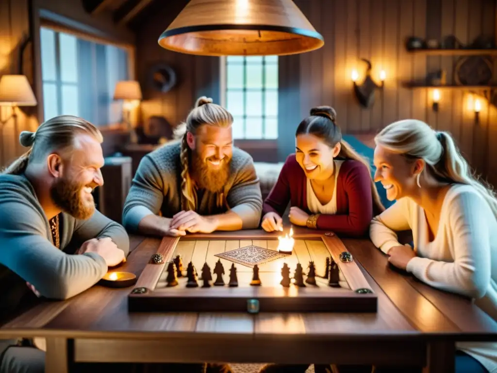 Una familia unida disfruta de juegos de mesa vikingos para familia en una atmósfera cálida y acogedora