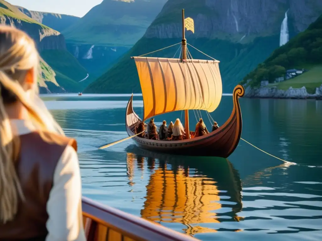 Una familia disfruta de un viaje en barco vikingo al atardecer en un fiordo, capturando la esencia de los festivales vikingos para familias