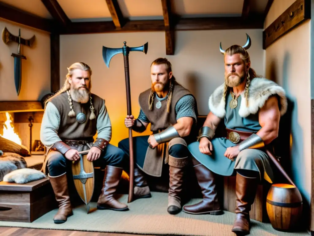 Una familia vikinga se prepara en su hogar con armas de defensa personal como hachas, escudos y espadas