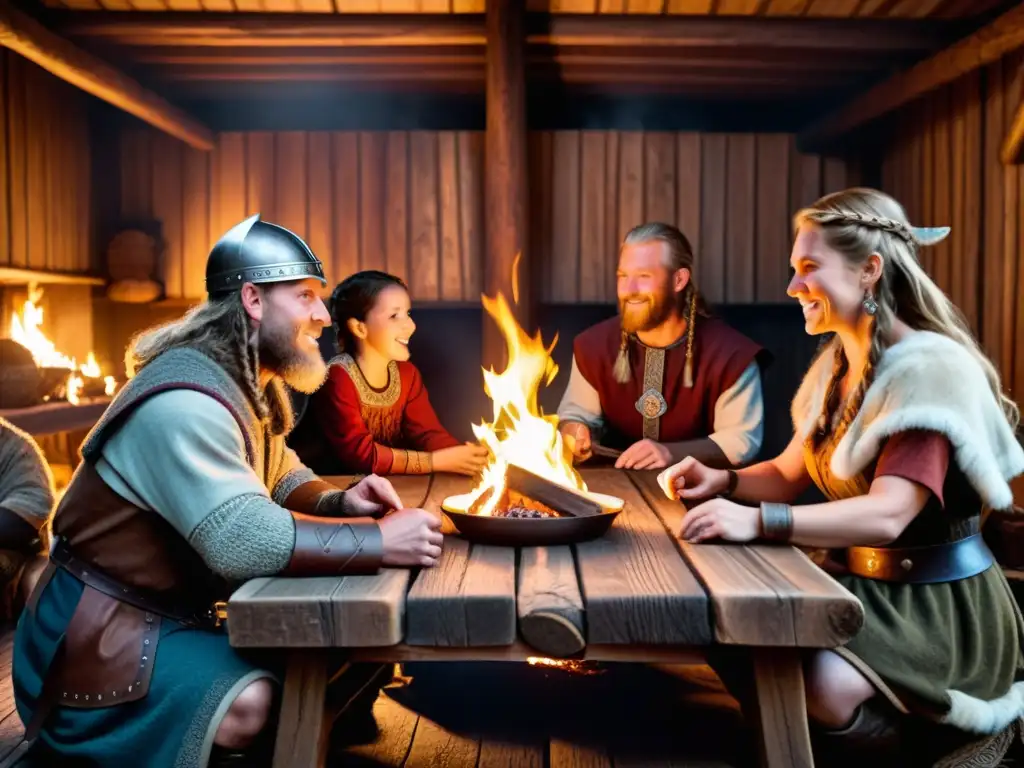 Una familia vikinga comparte en su hogar, con el fuego brillando