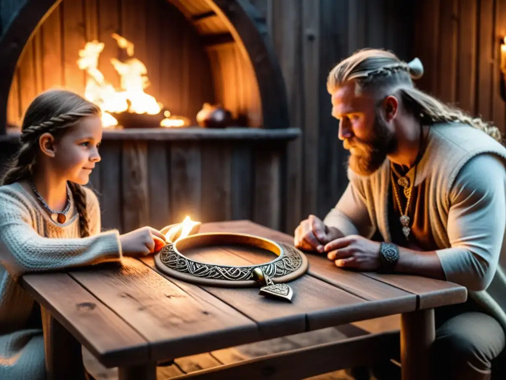Una familia vikinga transmite joyas generacionales con orgullo y reverencia en una antigua morada