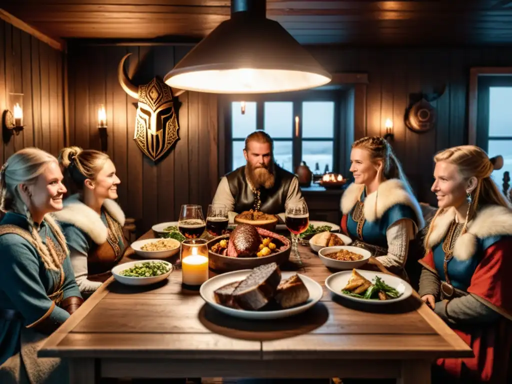 Una familia vikinga moderna celebra la vida cotidiana de los vikingos en una cena festiva