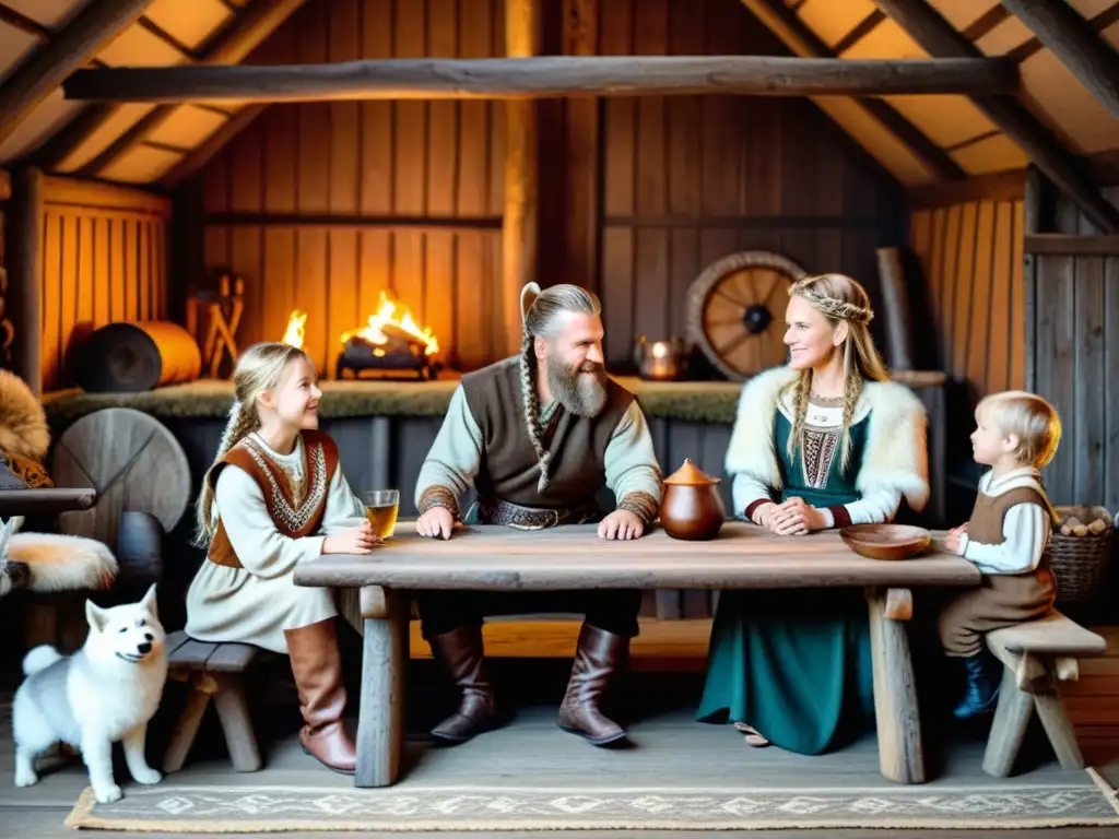 Una familia vikinga disfruta de la vida cotidiana en su hogar, con vestimenta tradicional y atmósfera acogedora