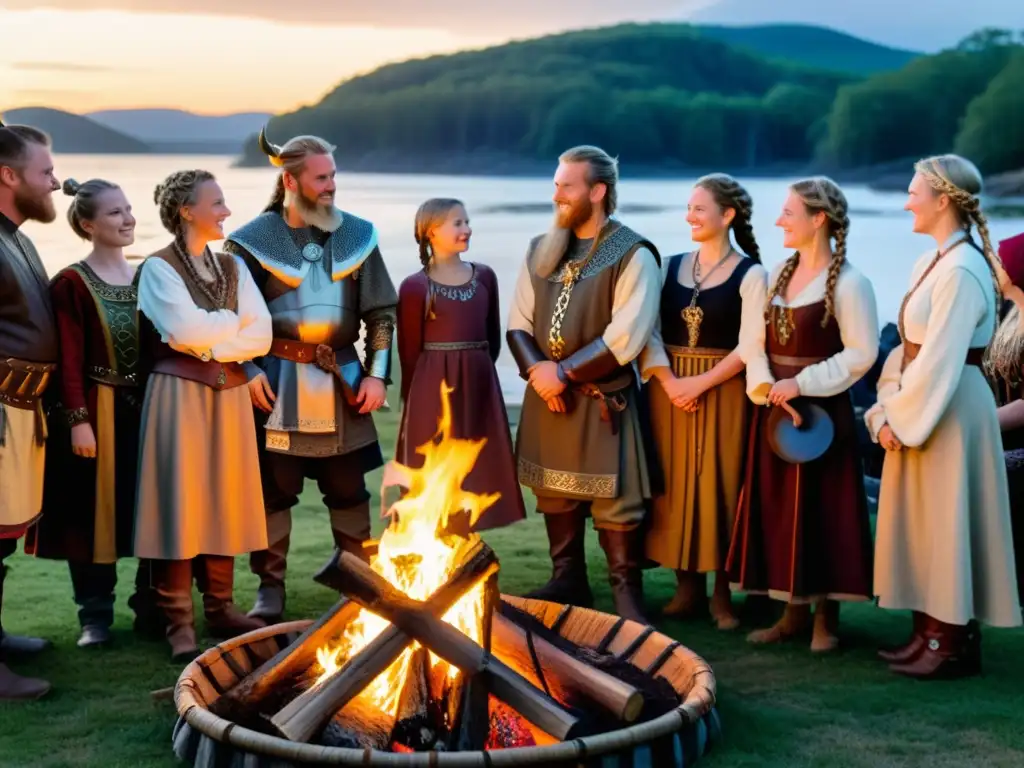 Familias en un festival vikingo alrededor de una fogata al atardecer, con trajes y actividades tradicionales