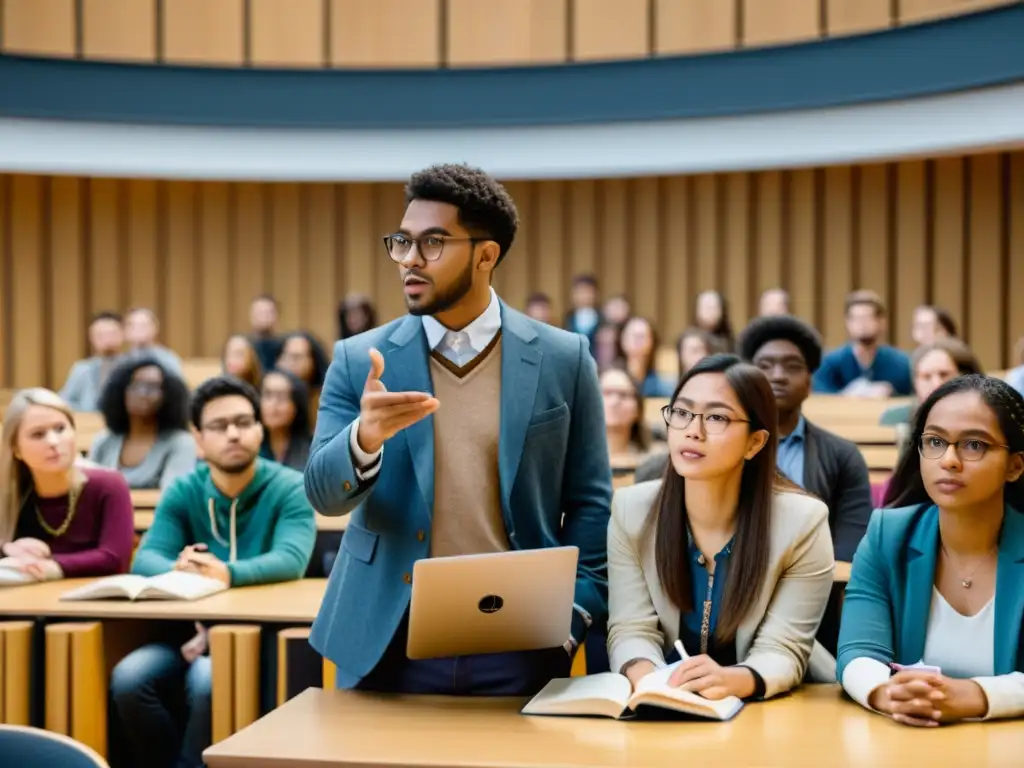 Una fascinante clase universitaria sobre la influencia actual del Panteón Nórdico, con estudiantes atentos y una profesora apasionada