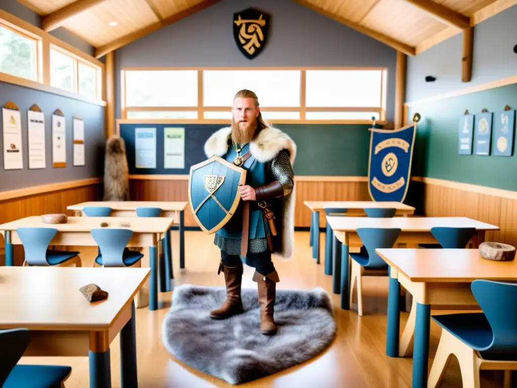 Una fascinante escena de pedagogía vikinga en el aula, con estudiantes inmersos en actividades educativas rodeados de elementos nórdicos