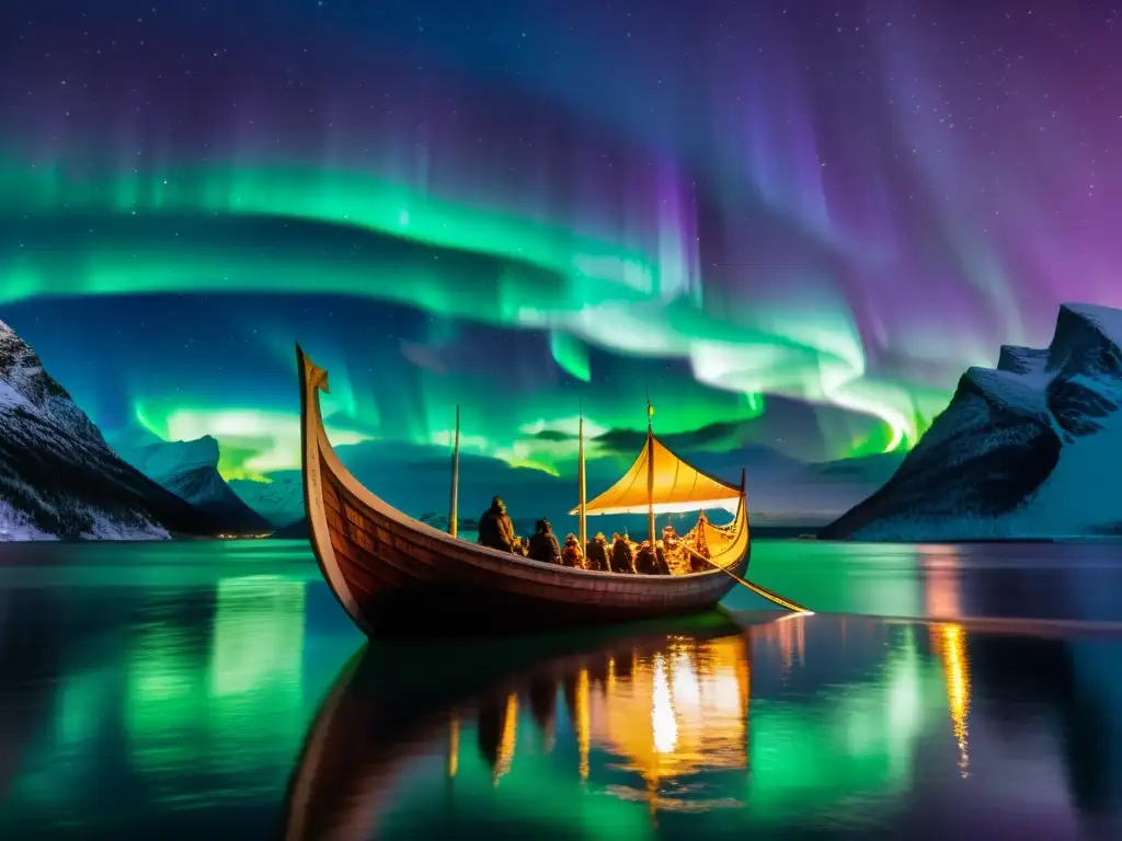 Una fascinante escena de un drakkar vikingo surcando un fiordo bajo las Auroras Boreales, con un cielo dramático lleno de colores y estrellas