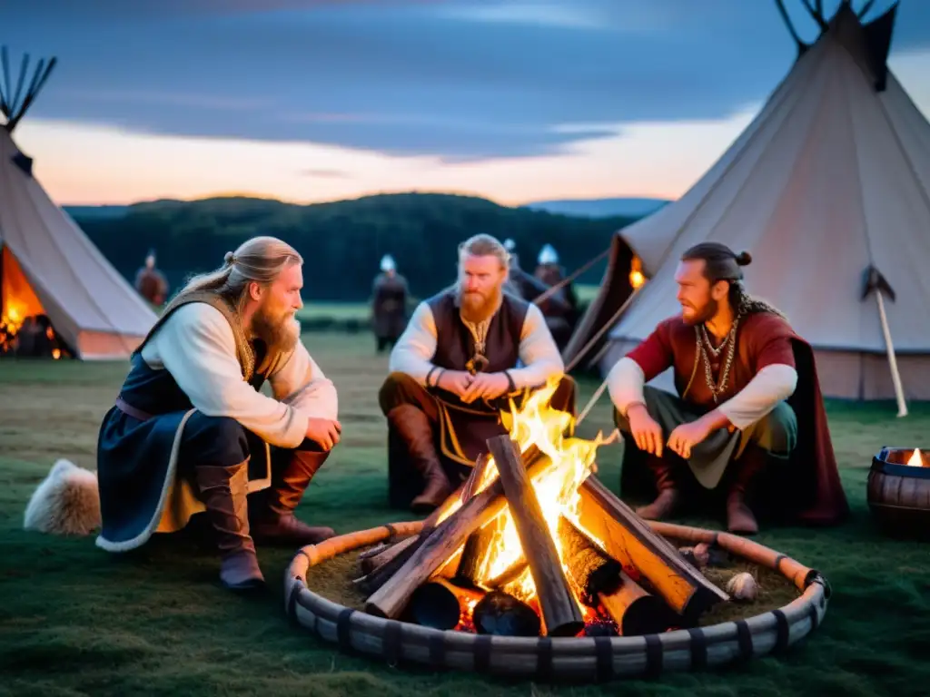 Fascinante recreación histórica vikinga en festival junto al fuego crepitante al anochecer en un fiordo brumoso