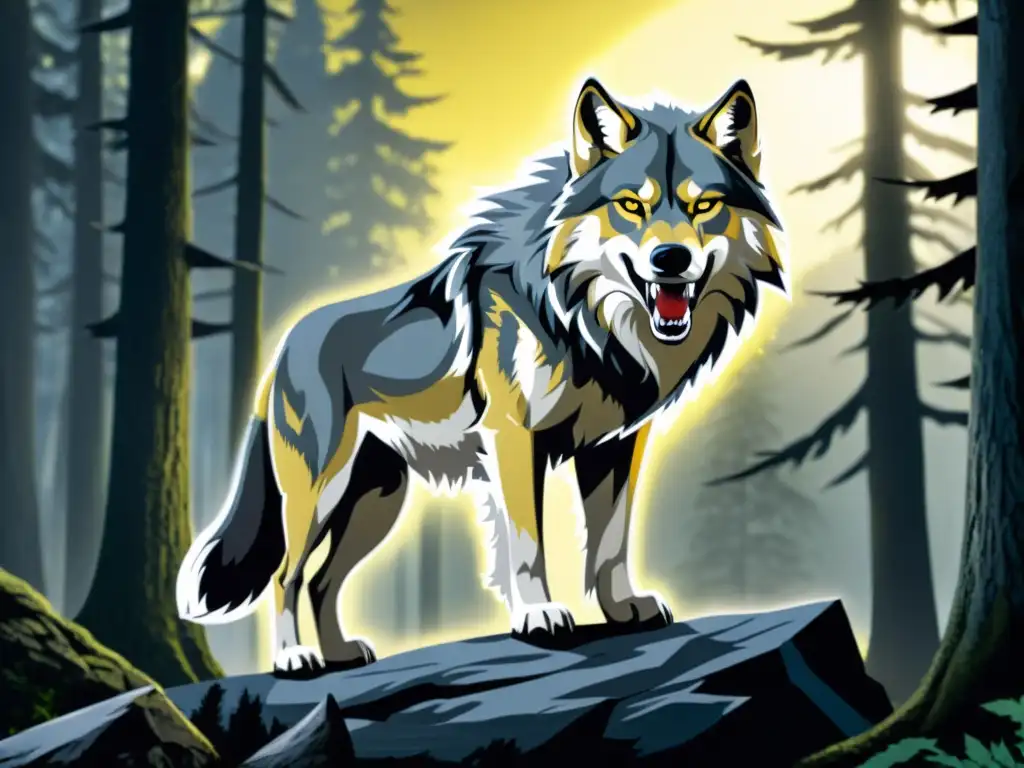 Fenrir, el lobo monstruoso de la mitología vikinga, irradia poder en un oscuro bosque