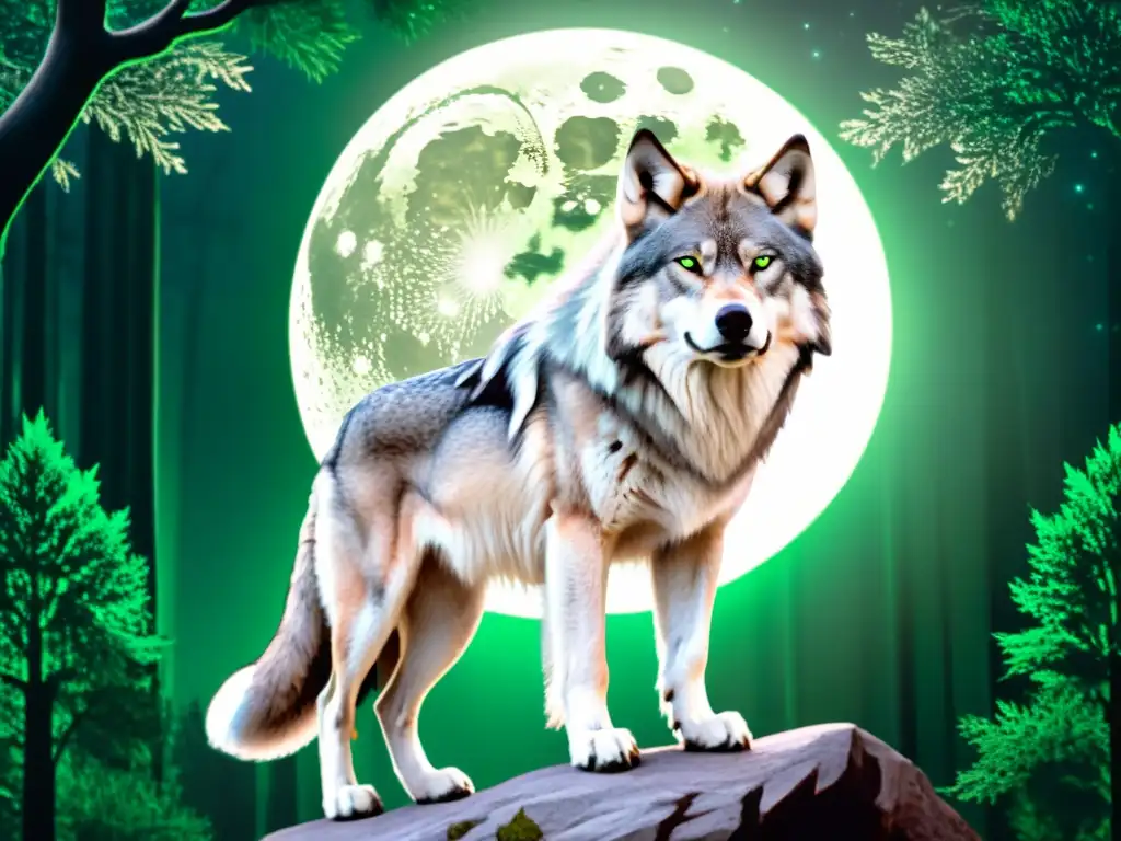 Fenrir, el lobo monstruoso de la mitología nórdica, con pelaje plateado y ojos verdes, en un bosque místico bajo la luz de la luna llena