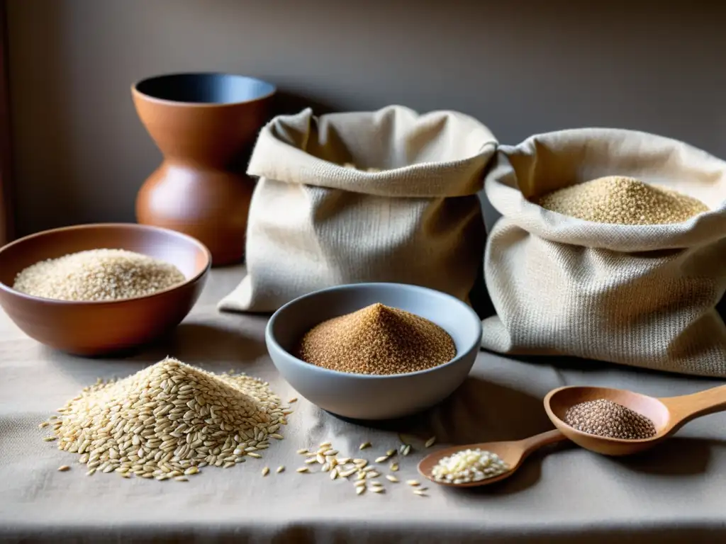 Un festín de cereales antiguos en la dieta, dispuestos con esmero en una mesa rústica en una cocina escandinava tradicional