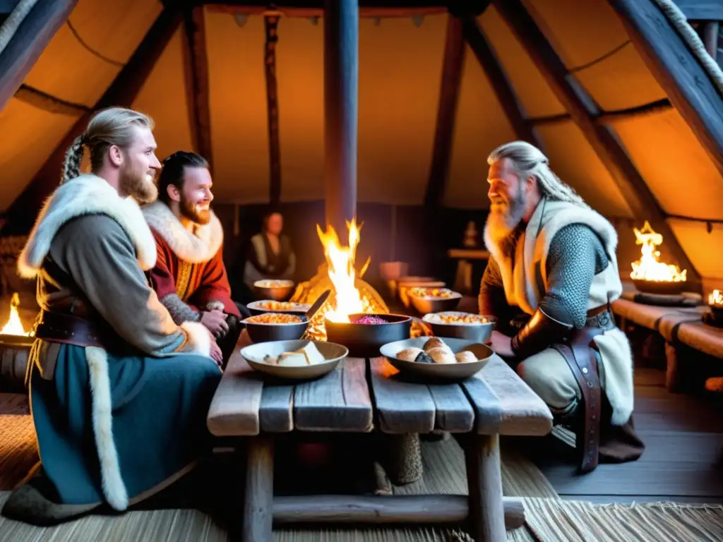 Un festín de repostería vikinga en una casa larga, guerreros disfrutan postres nórdicos alrededor de una mesa iluminada por antorchas