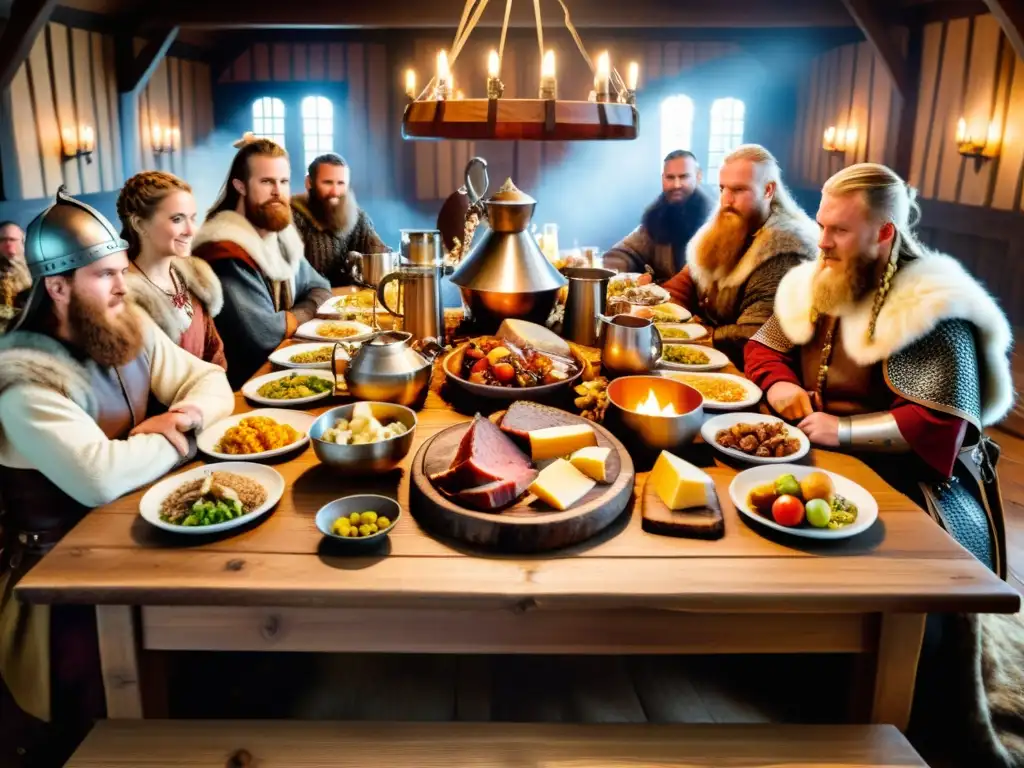 Una festín vikingo con alimentos tradicionales rodeados de guerreros en un gran salón iluminado, capturando la esencia de la nutrición vikinga