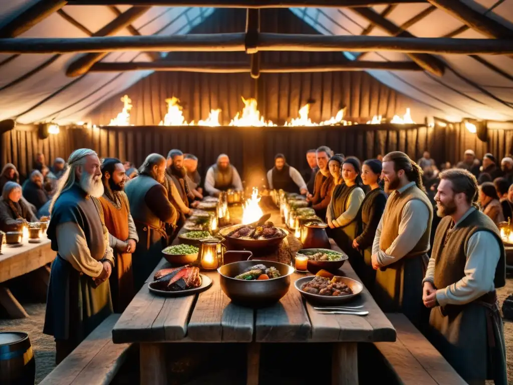 Una festín vikingo en una casa larga, con guerreros y aldeanos alrededor de una mesa cargada de comida