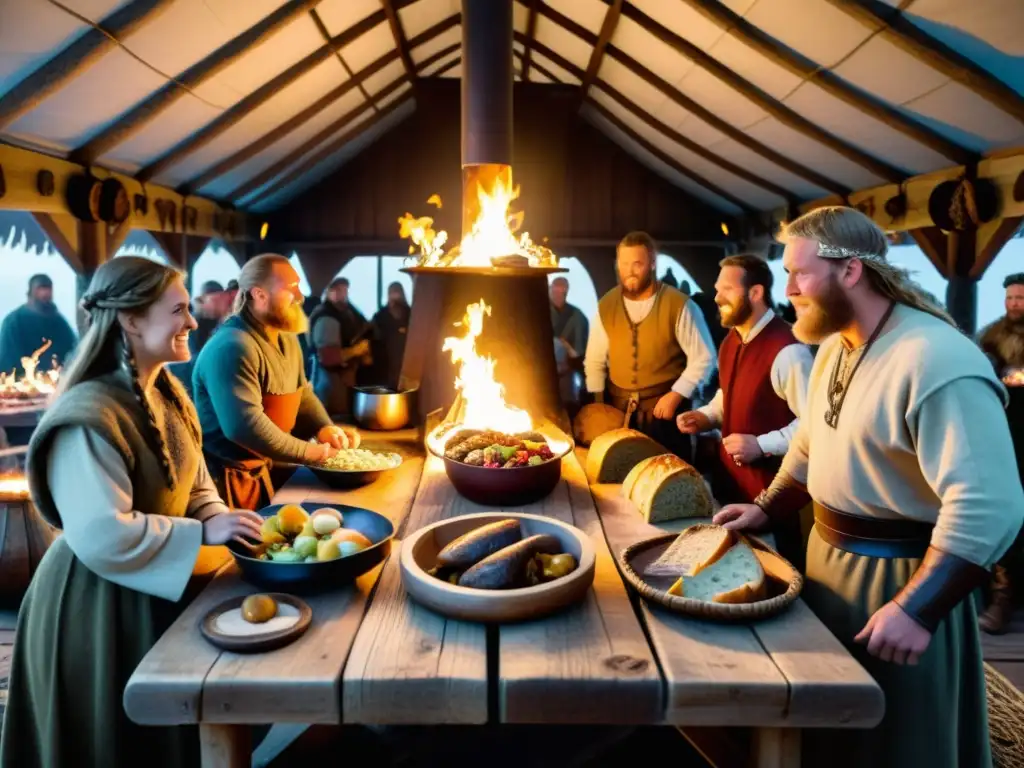 Un festín vikingo en una casa típica, con mesa repleta de comida y personas vestidas al estilo vikingo