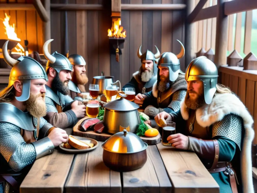 Un festín vikingo en detalle: guerreros disfrutan de comida y bebida en un salón rústico iluminado por antorchas