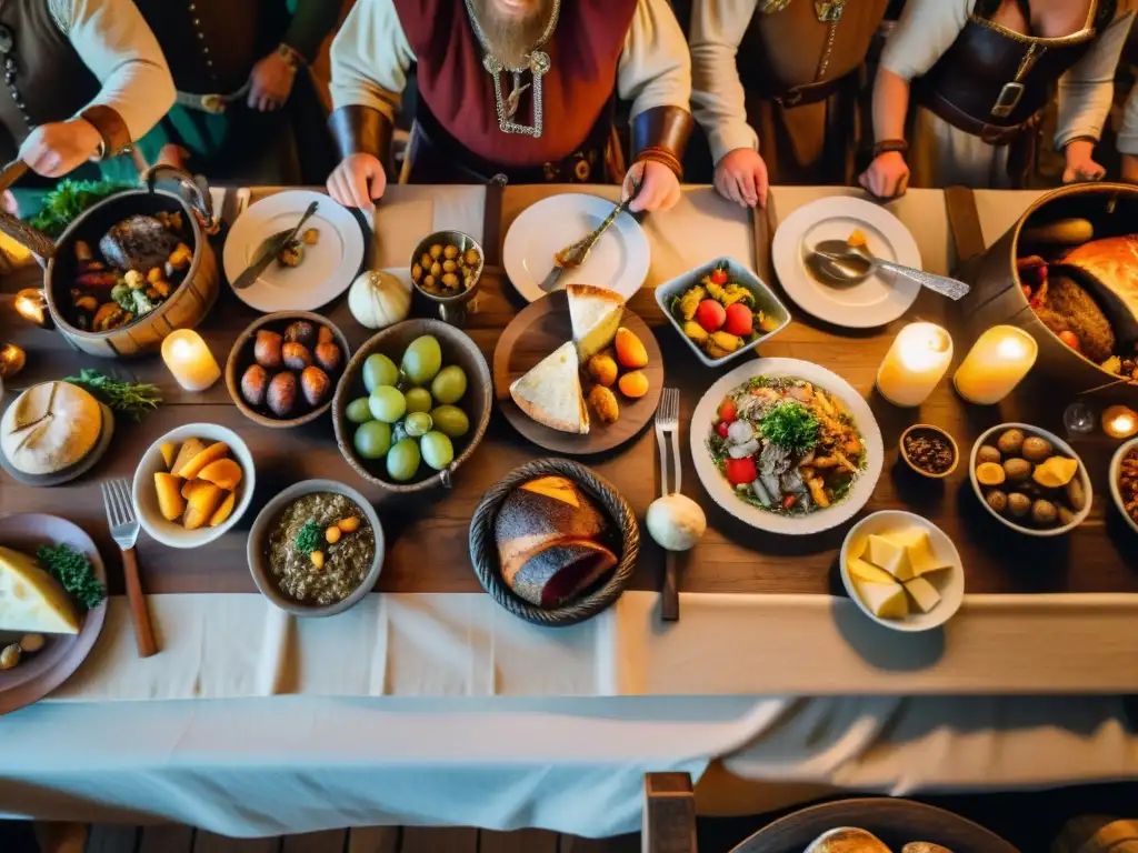 Una festín vikingo en un gran salón iluminado por antorchas, con guerreros y una mesa repleta de comida tradicional