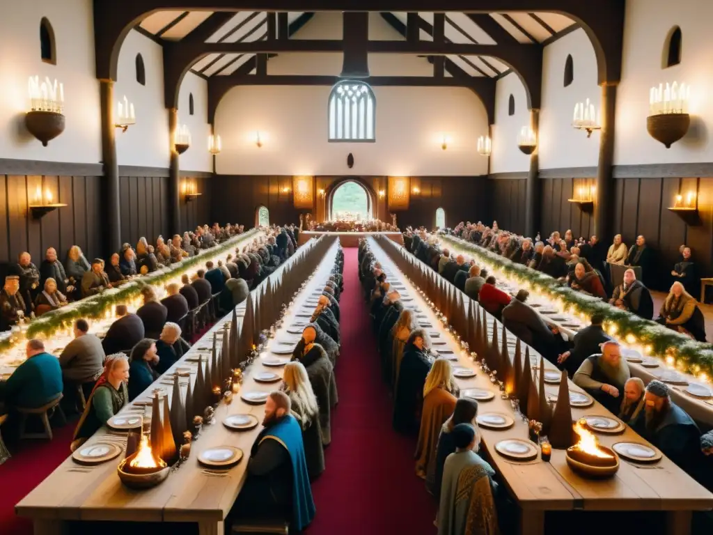 Una festín vikingo en un gran salón iluminado por antorchas, mostrando una mesa llena de comida y vikingos en conversación animada