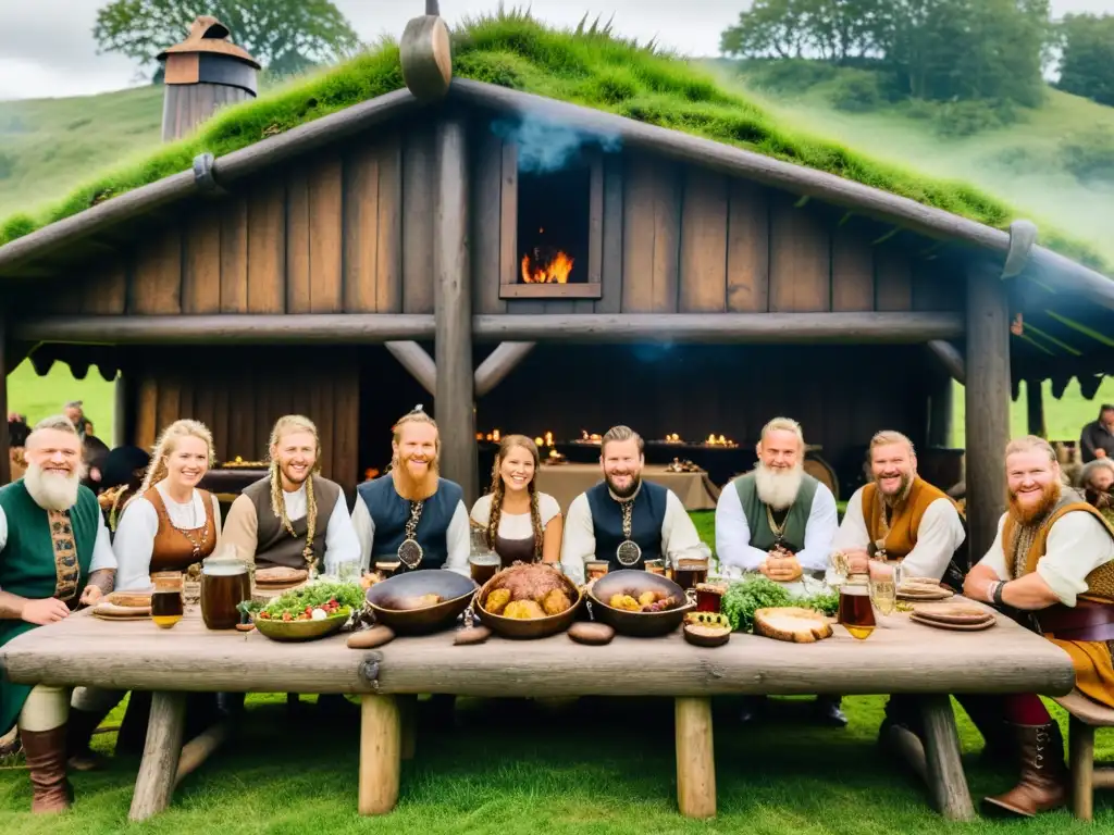 En un festín vikingo, guerreros se preparan asados en una mesa de madera al aire libre, en un pueblo vikingo verde y exuberante al atardecer