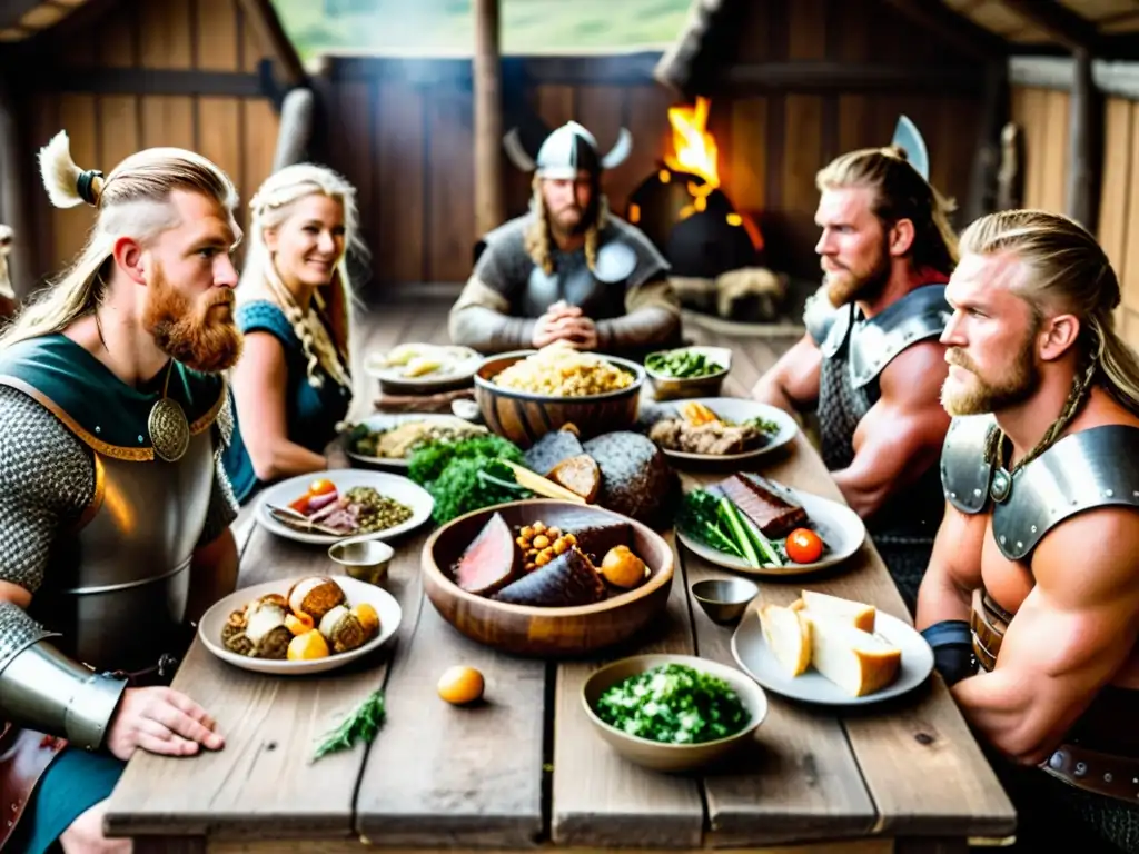 Un festín vikingo en una larga mesa de madera en una casa vikinga, transmitiendo camaradería y fuerza