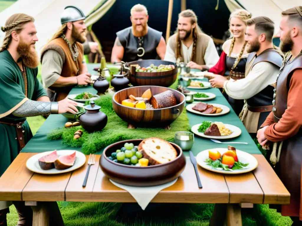 Un festín vikingo lleno de tradiciones y camaradería en un campamento verde