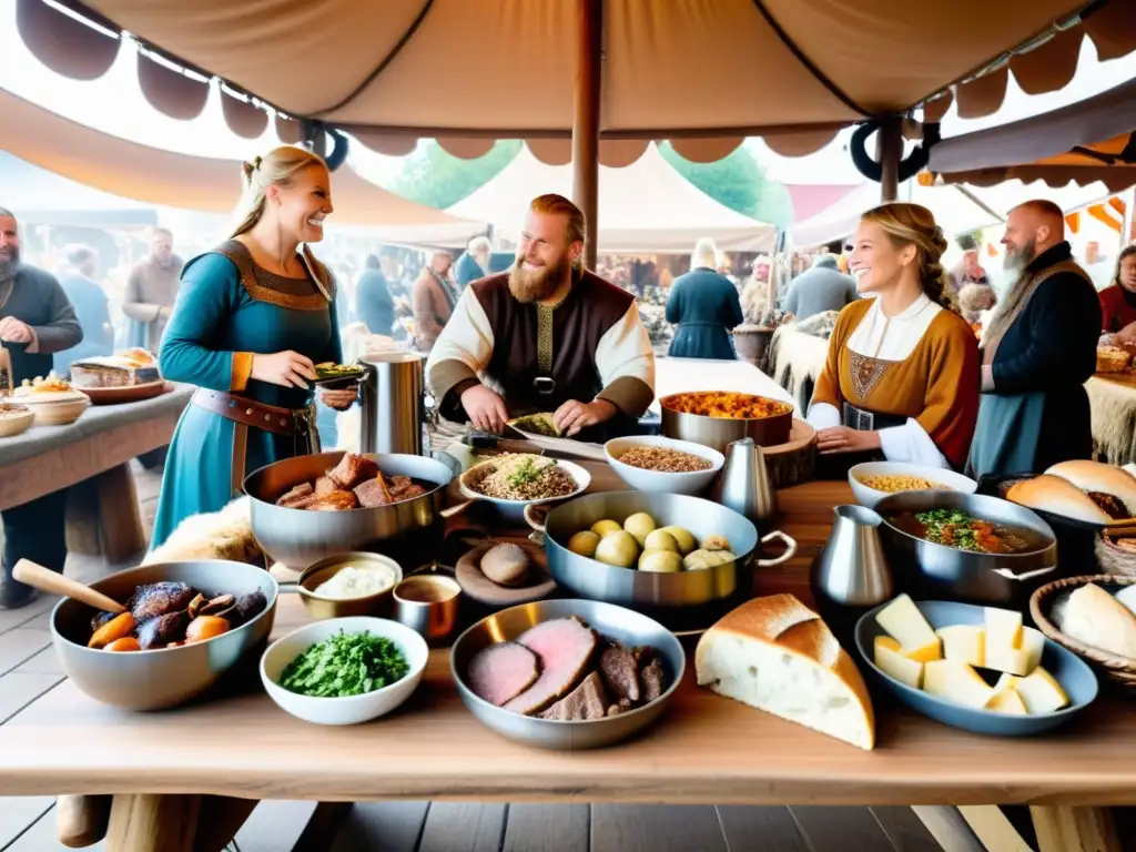 Un festín vikingo en mercado temático: carnes asadas, guisos, pan, frutas y hidromiel, en un bullicioso escenario medieval