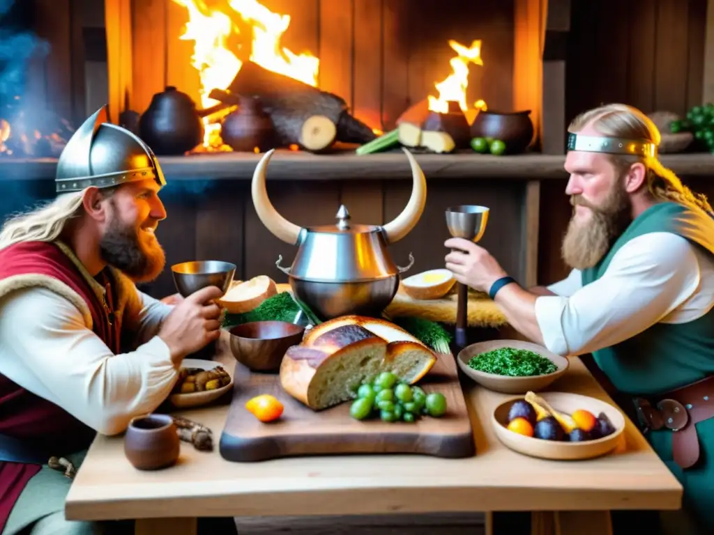 Una festín vikingo con mesa repleta de alimentos, gente vestida al estilo vikingo brindando con cuernos de bebida