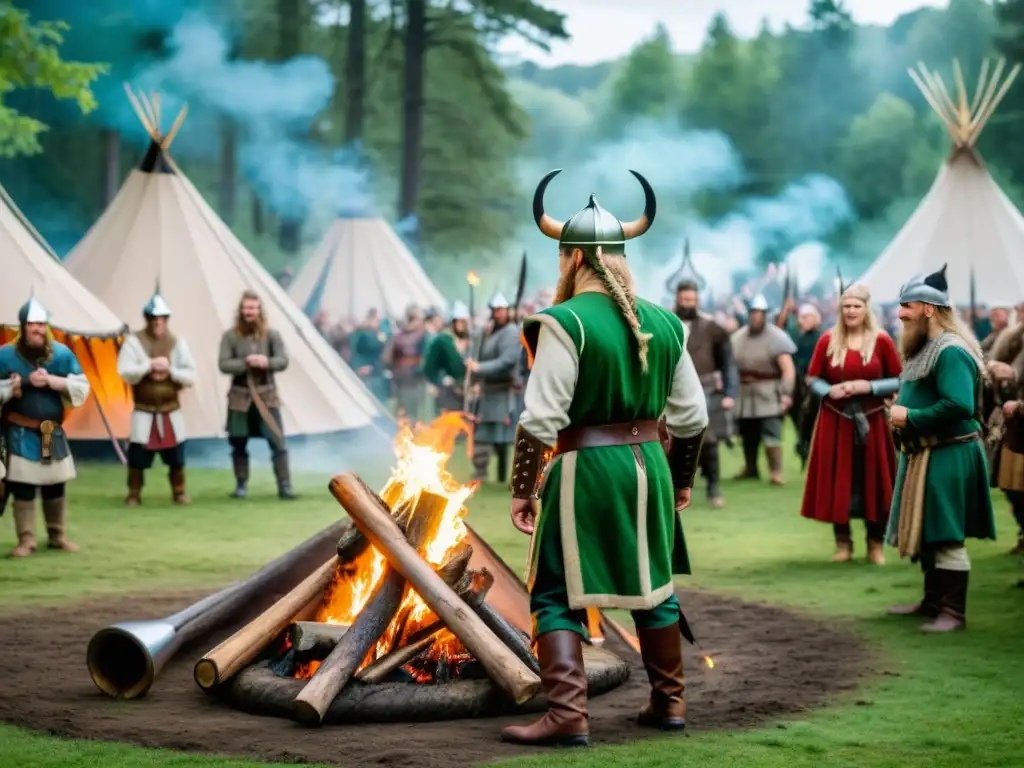 Un festival de recreación vikinga con elfos en un bosque, fusionando mitología de los elfos vikingos