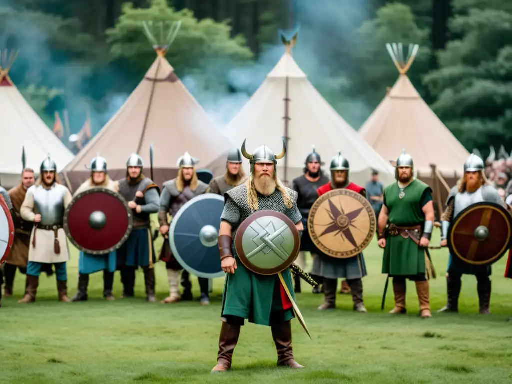 Un festival de recreación vikinga con participantes en trajes de guerreros vikingos, armas y símbolos nórdicos, en una batalla simulada en el bosque