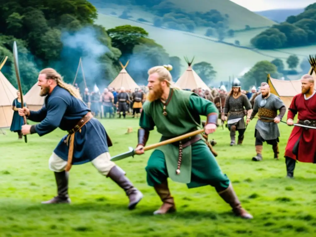 Un festival de recreación vikinga en el Reino Unido, con participantes en vestimenta auténtica en asentamientos vikingos en Gran Bretaña