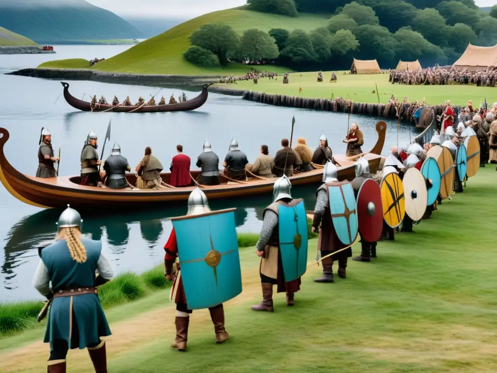 Recreación de festival vikingo con guerreros en batalla y artesanías nórdicas