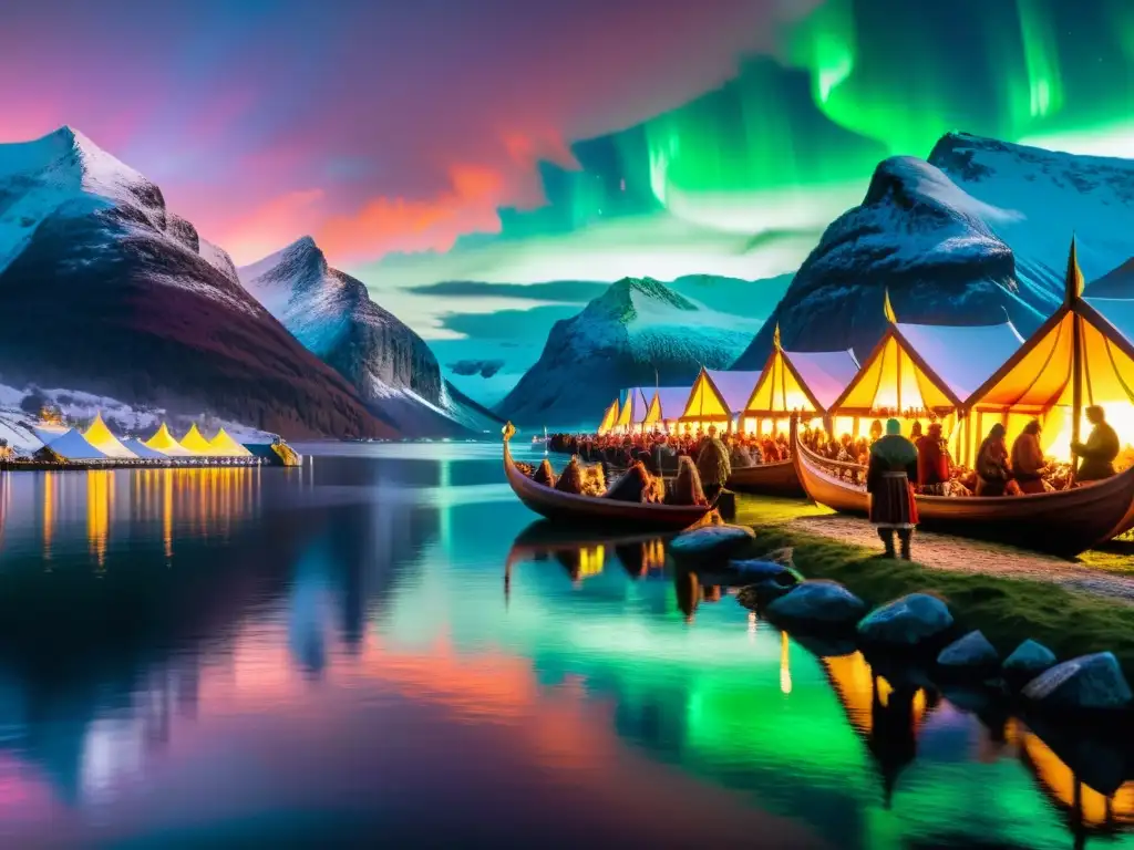 Un festival vikingo impresionante junto al fiordo, lleno de vida y cultura nórdica bajo la aurora boreal