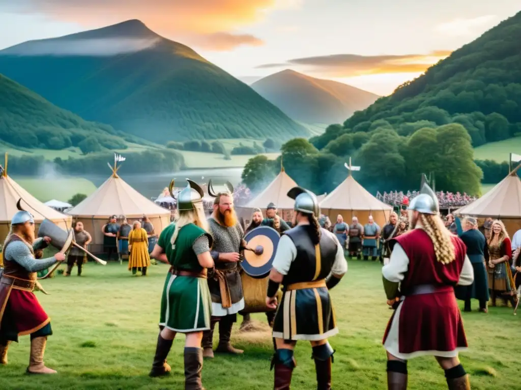 Festival vikingo: matrimonios mixtos difusión cultura vikinga en montañas al atardecer