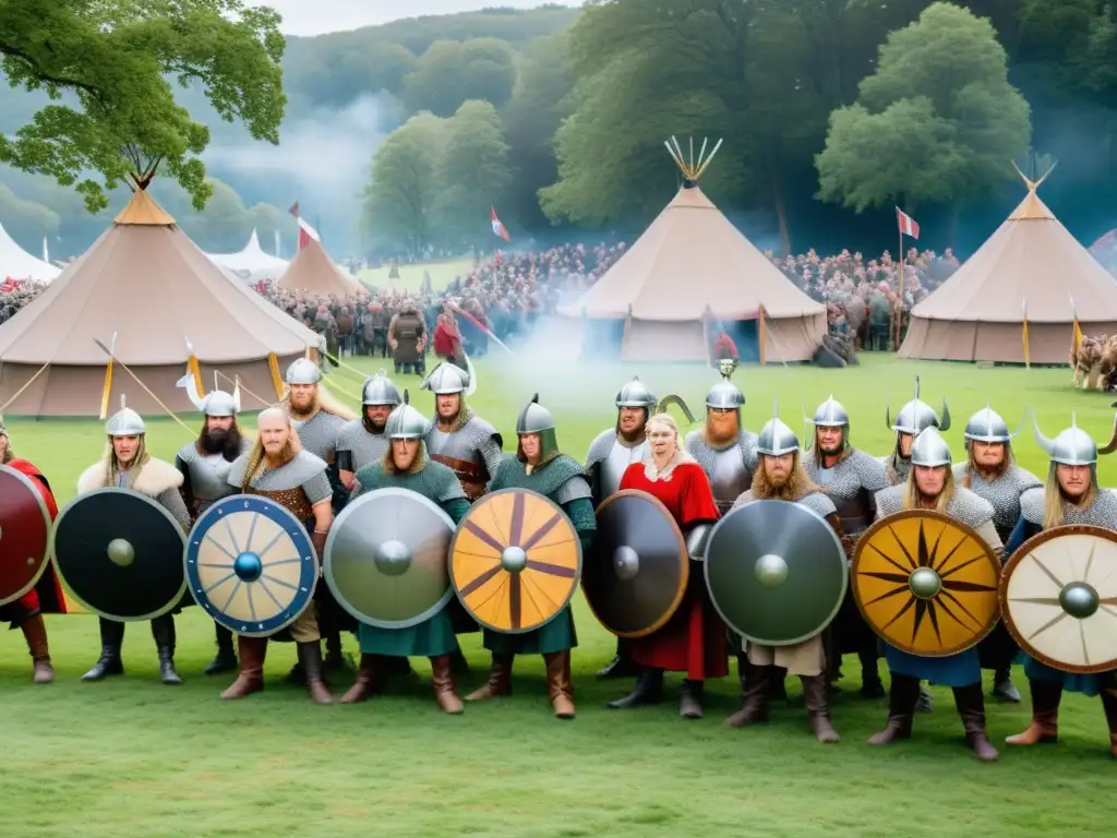 Un festival vikingo moderno con auténticos ritos de adoración a dioses nórdicos en un campo verde rodeado de árboles antiguos