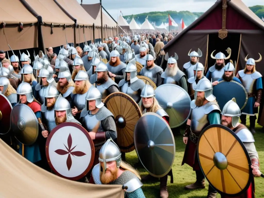 Un festival vikingo repleto de detalles, con participantes vestidos como guerreros vikingos y mercado medieval