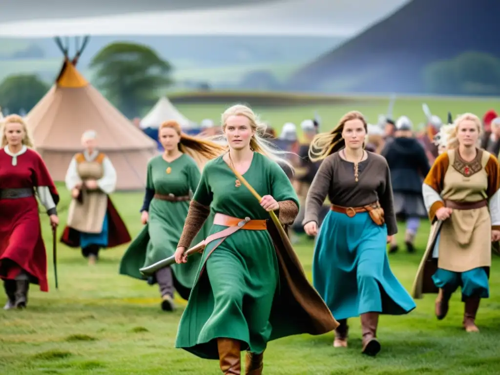 Festivales de mujeres vikingas homenaje: Vikingas con atuendos y actividades tradicionales en un festival vikingo