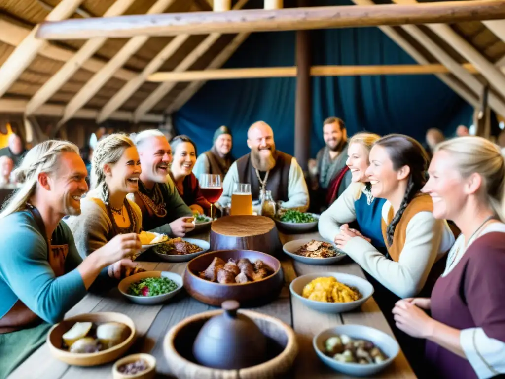 Festivales vikingos para familias: Celebración colorida en una casa vikinga con banquetes y alegría compartida