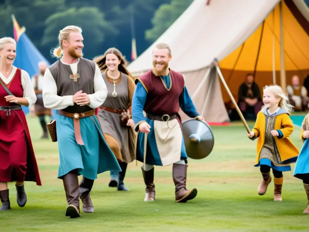 Festivales vikingos para familias: niños jugando y adultos con atuendos vikingos, coloridas tiendas y música tradicional en el aire