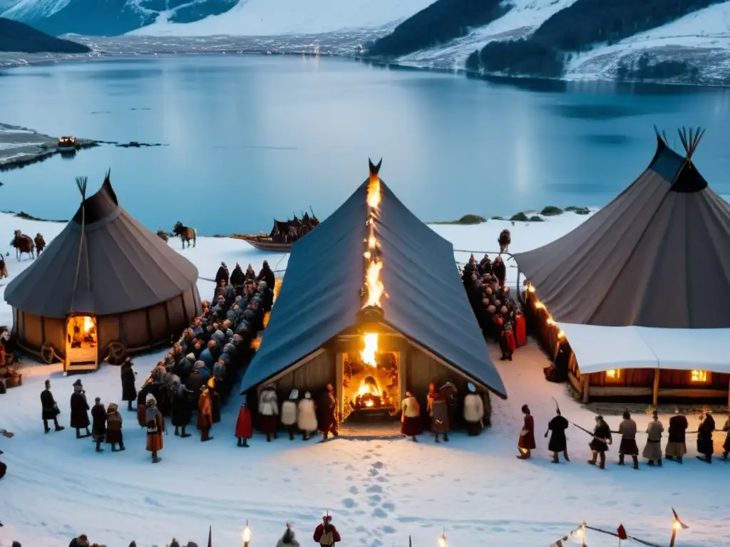 Festividades nórdicas: vikingos celebran con música y antorchas en su casa tradicional, rodeados de montañas nevadas