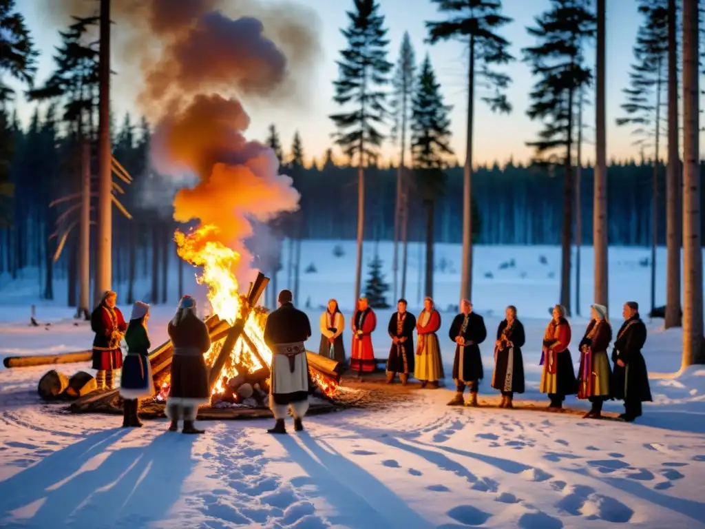 Celebración mágica de festividades solsticio tradición nórdica en el bosque nevado