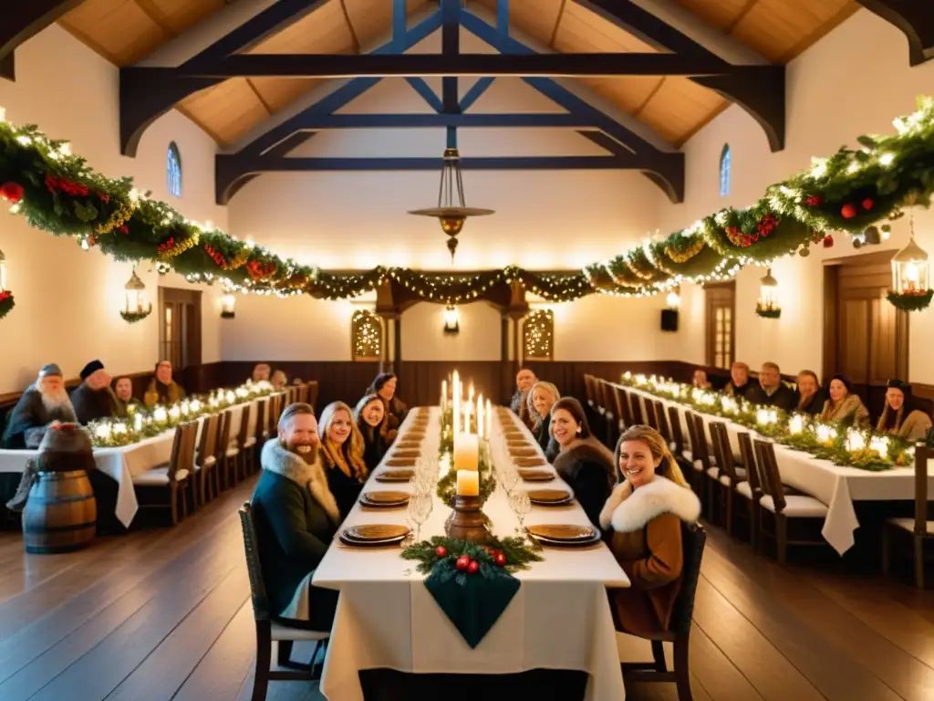 Un festivo salón nórdico decorado con festividades sagradas Yule Nórdico: guirnaldas, velas y tallados de madera