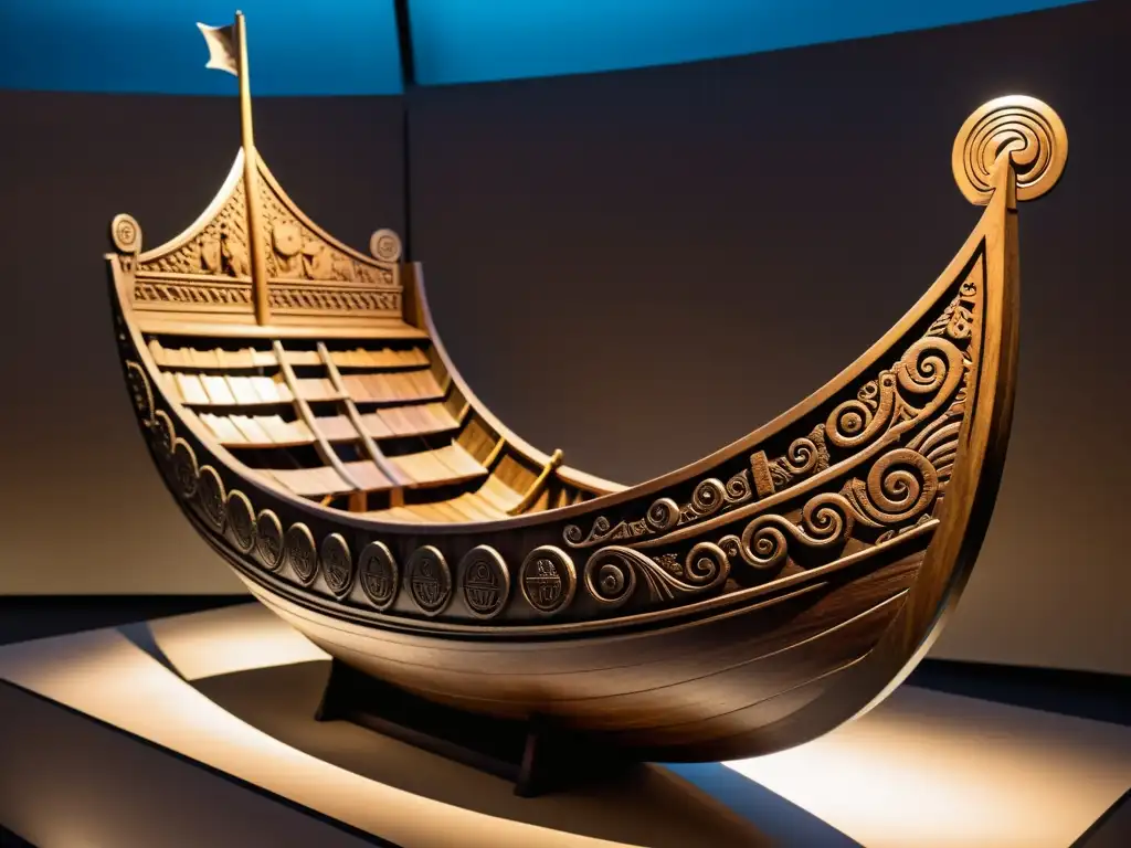 Figura de barco vikingo único tallado en madera, con símbolos nórdicos, iluminado en museo, evocando historia y artesanía