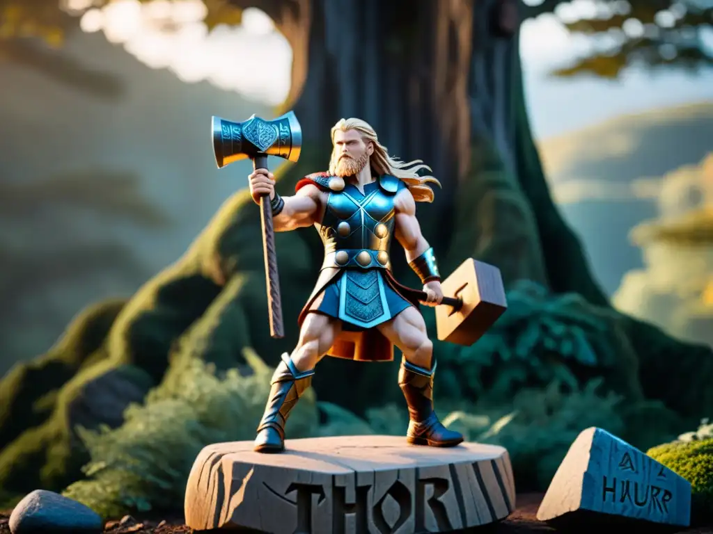 Figura tallada a mano de Thor con su martillo Mjölnir en un bosque nórdico místico, resaltando la mitología